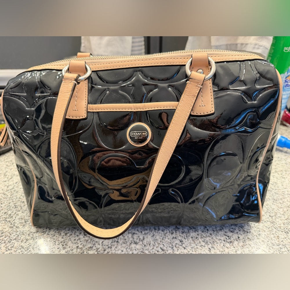 Coach Black Patent Tote with Tan Leather Trim